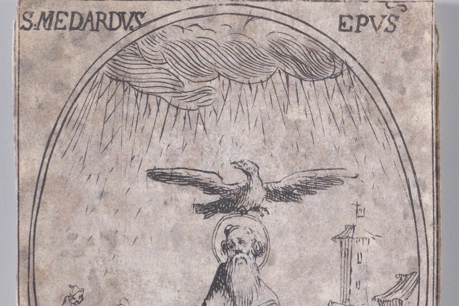 A 17th-century engraving of Saint Medard shown as a bearded bishop with an eagle sheltering him from rain, spreading its wings above his head, captioned "S. Medardus Epus."