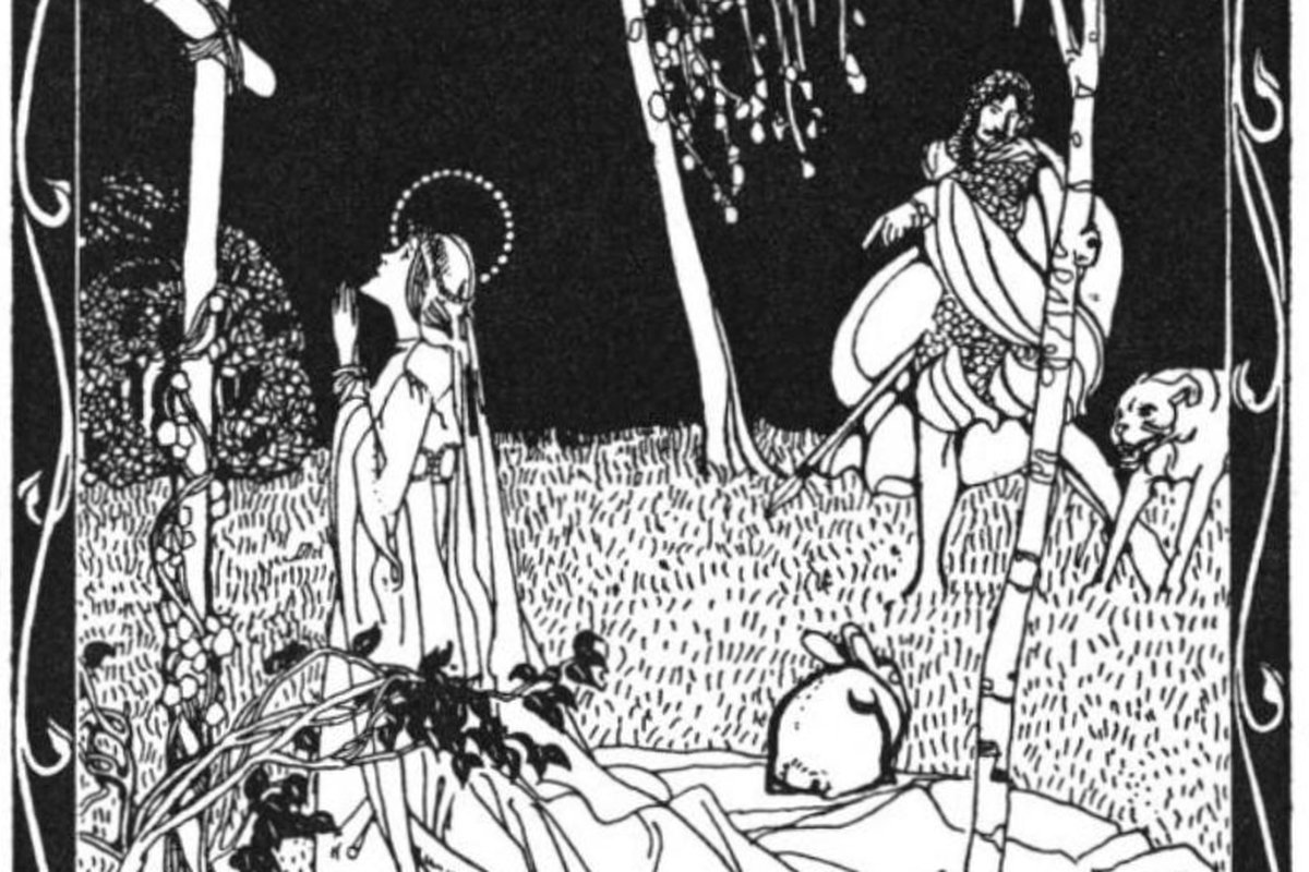 A black-and-white Art Nouveau illustration of a haloed woman standing over a crouching hare, while a mounted hunter and his hound watch from the trees.