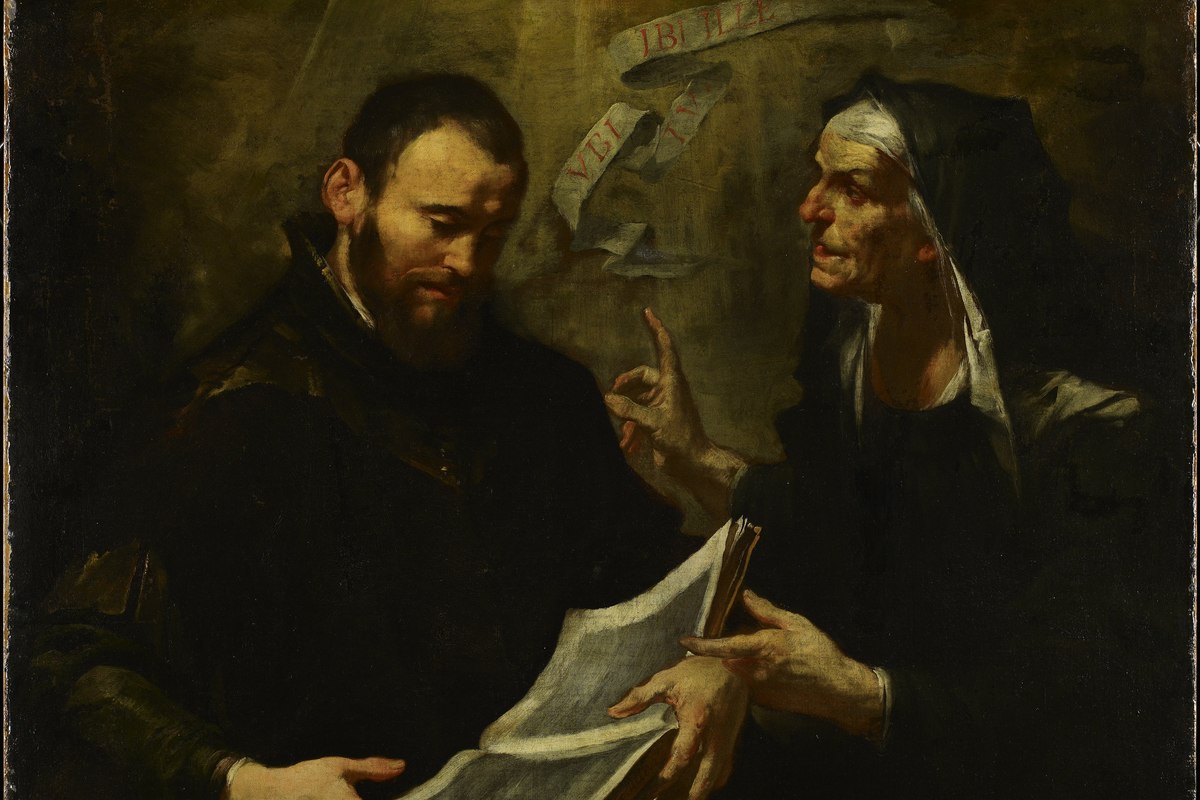 A dimly lit painting of an older woman gesturing while speaking earnestly to a younger bearded man holding an open book.