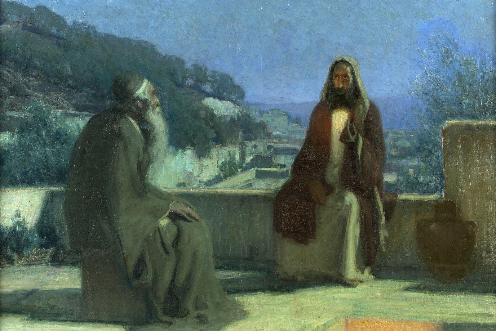 A painting showing Jesus and Nicodemus seated on a rooftop terrace at night, deep in conversation, with the hills and rooftops of Jerusalem visible in the moonlit background.