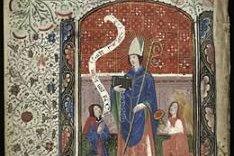 A medieval illuminated manuscript miniature of a bishop saint in robes and mitre, holding a crozier, painted in a small devotional book of hours.