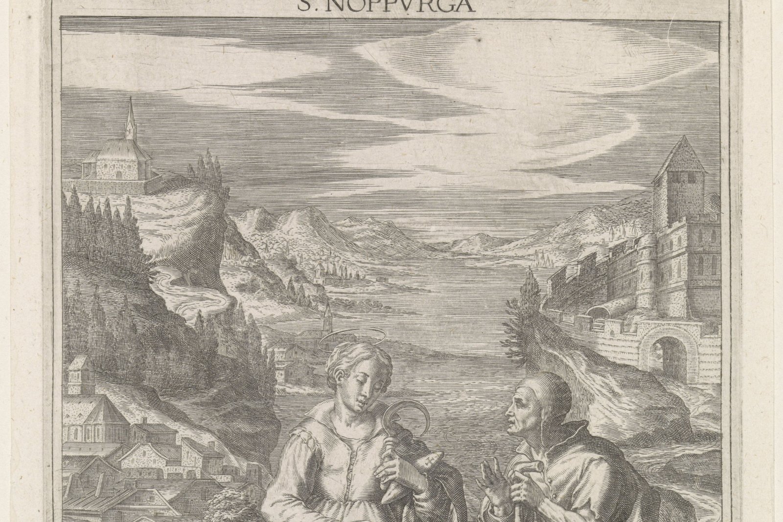 Saint Notburga, historical engraving, Rijksmuseum, 1627