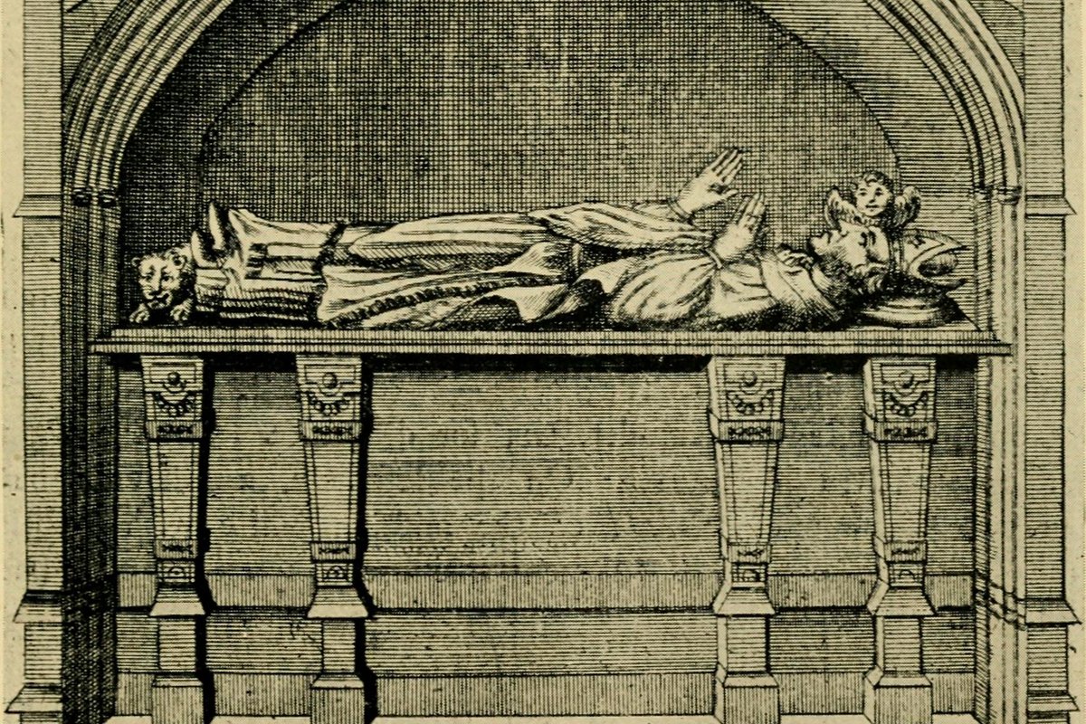An engraving of a canopied Gothic tomb niche containing a carved recumbent effigy of a bishop, captioned "Next to it is the tomb of B. Oswald."
