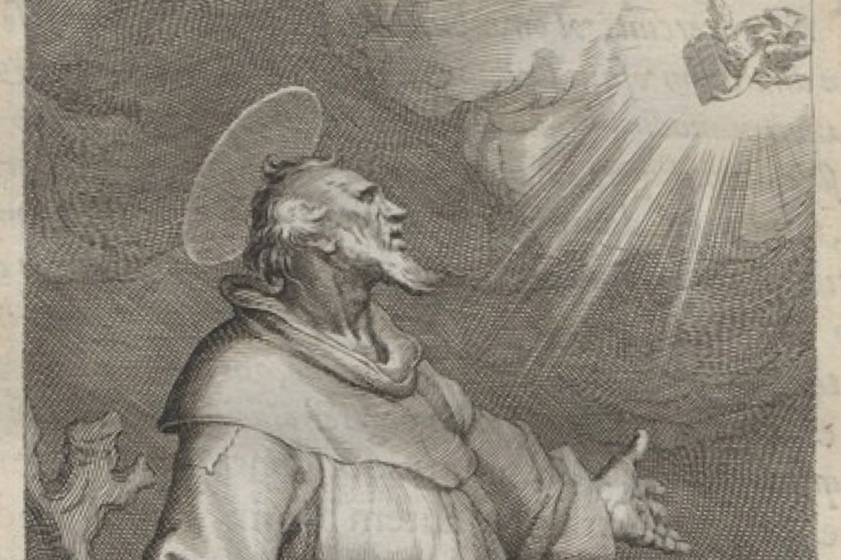 A 17th-century engraving of Saint Pachomius kneeling in prayer beside a skull and open book, gazing up at an angel descending in a burst of light.