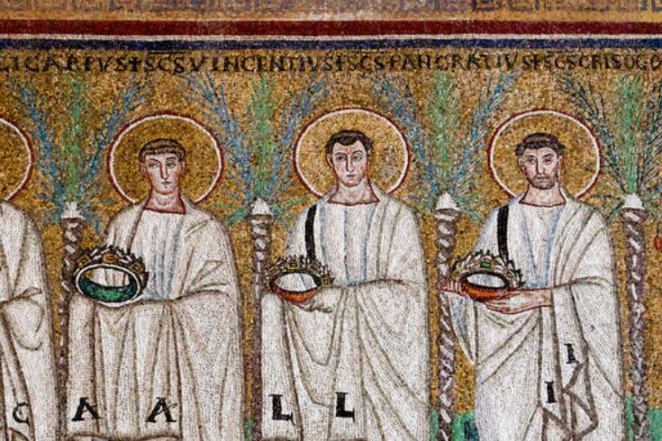 6th-century Byzantine mosaic showing the haloed martyr Saint Pancras among fellow saints, each holding a jeweled martyr's crown