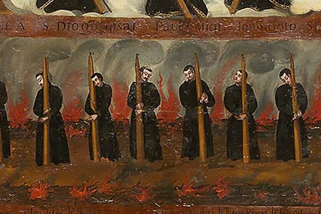 17th-century Japanese painting showing the twenty-six martyrs of Nagasaki bound to crosses amid flames
