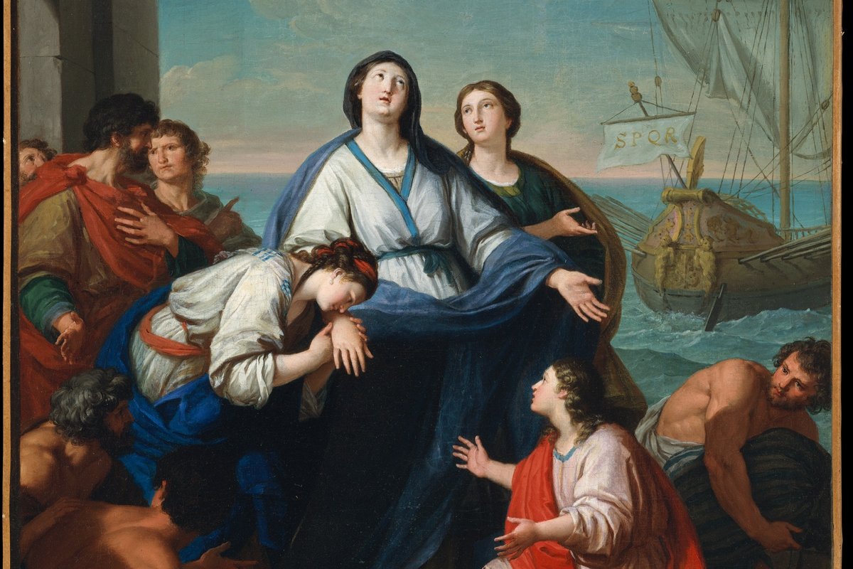 An 18th-century oil painting of a grieving Roman widow in blue robes standing on a harbor dock surrounded by companions, gazing upward as angels appear overhead and a sailing ship marked SPQR waits behind her.