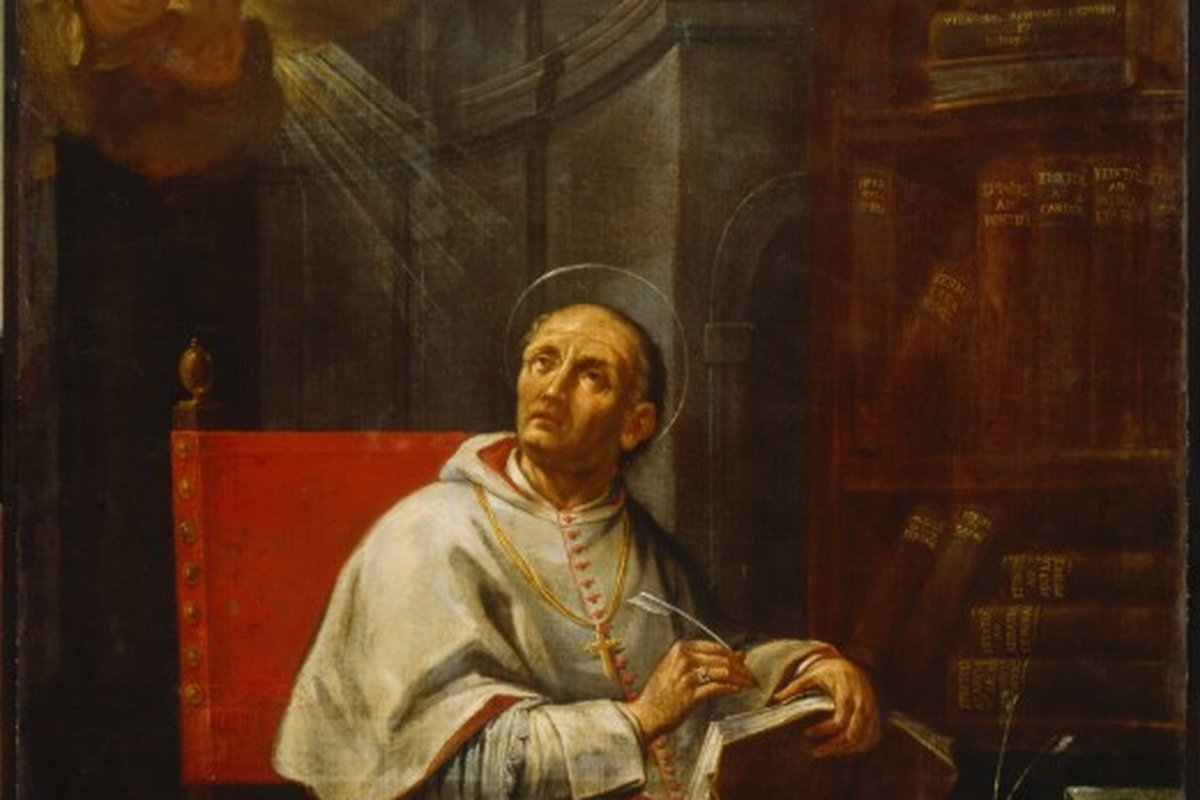 An 18th-century oil portrait of a bearded cardinal in red and gold vestments, seated in a red chair with a halo, gazing upward toward a small angel in the clouds.