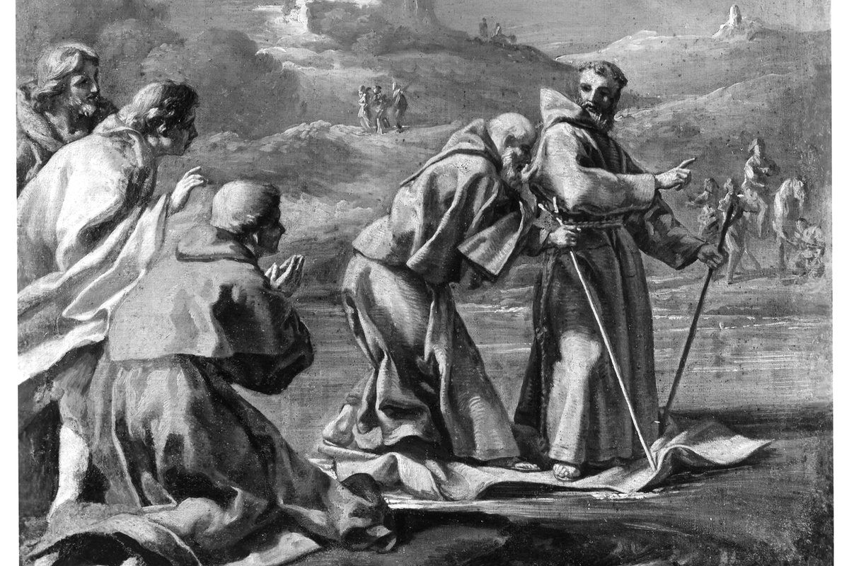 A Baroque painting showing a barefoot Franciscan friar, Saint Peter of Alcantara, standing with two walking staffs before a kneeling group of witnesses during one of his reported miracles.