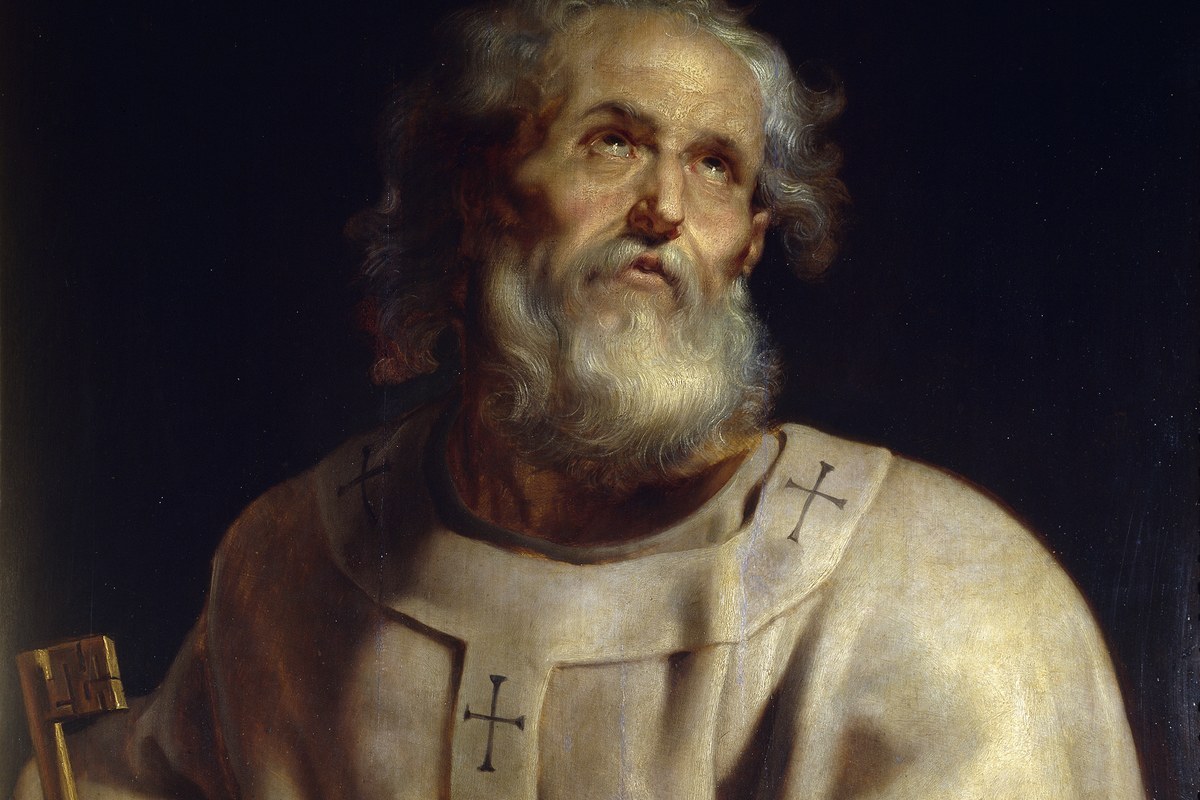 A baroque painting of Saint Peter as pope, wearing white vestments marked with crosses, gazing upward with a set of keys visible at his side.