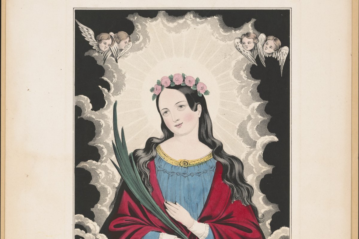 A hand-colored 1845 lithograph of a young woman with a rose wreath and golden halo, holding a palm branch, flanked by four angels among clouds, with an anchor and flowers below.