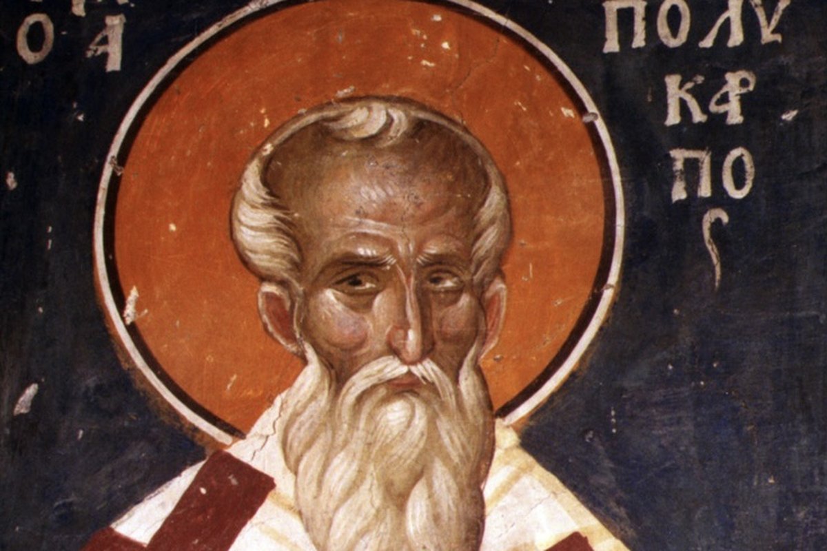 An elderly bearded bishop with a halo, wearing cross-patterned vestments, in an Orthodox fresco of Polycarp of Smyrna.