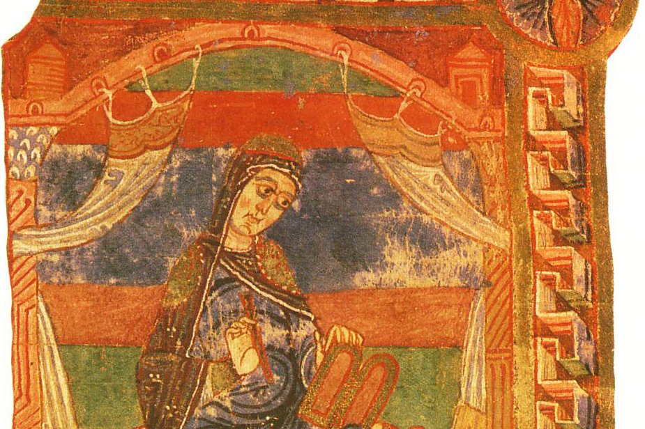 An 11th-century illuminated manuscript miniature showing Saint Radegund enthroned under a canopy, veiled and holding an open book, from the Life of Saint Radegund manuscript at Poitiers.