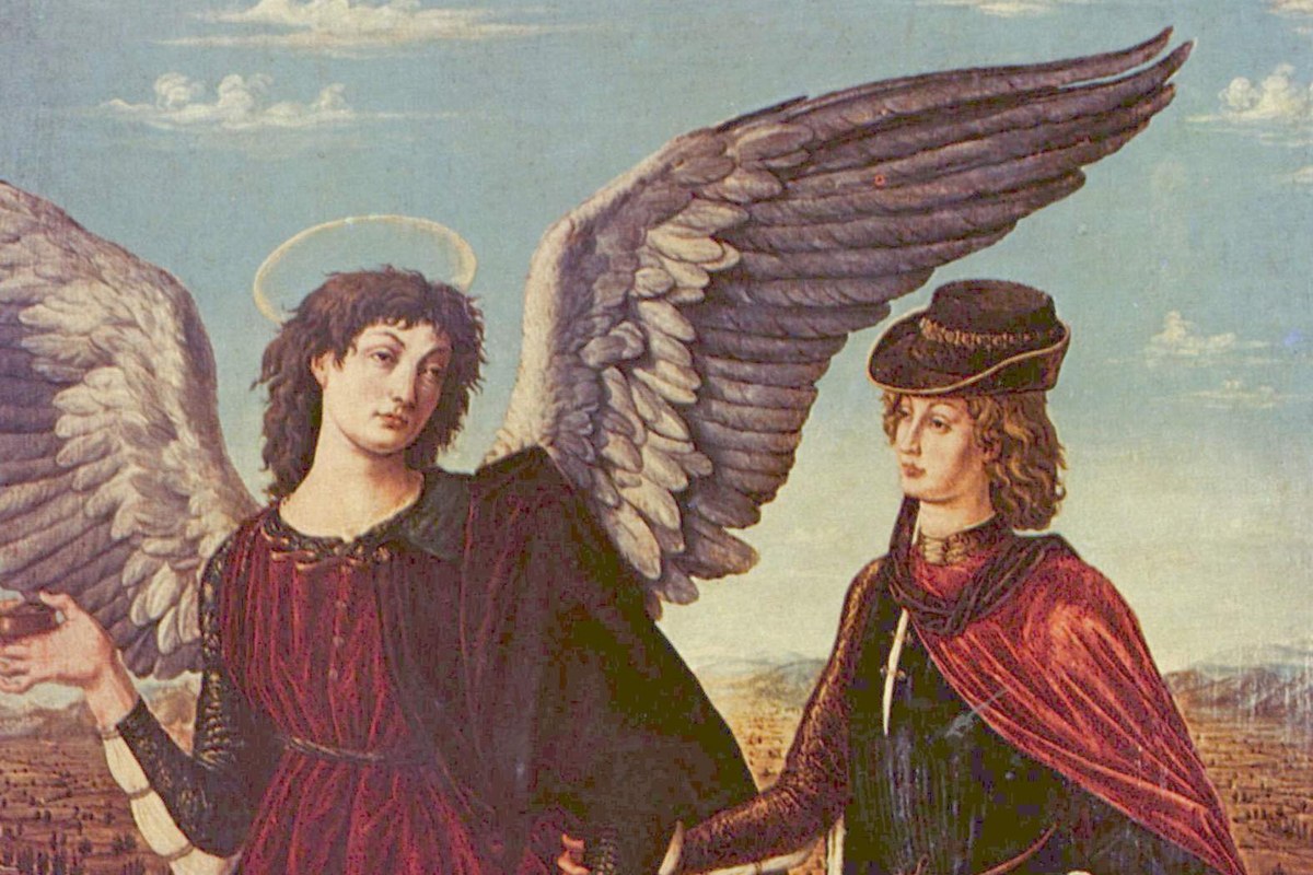 Pintura renacentista del Arcángel Rafael caminando junto al joven Tobías, ambos alados, con un pequeño perro a sus pies.