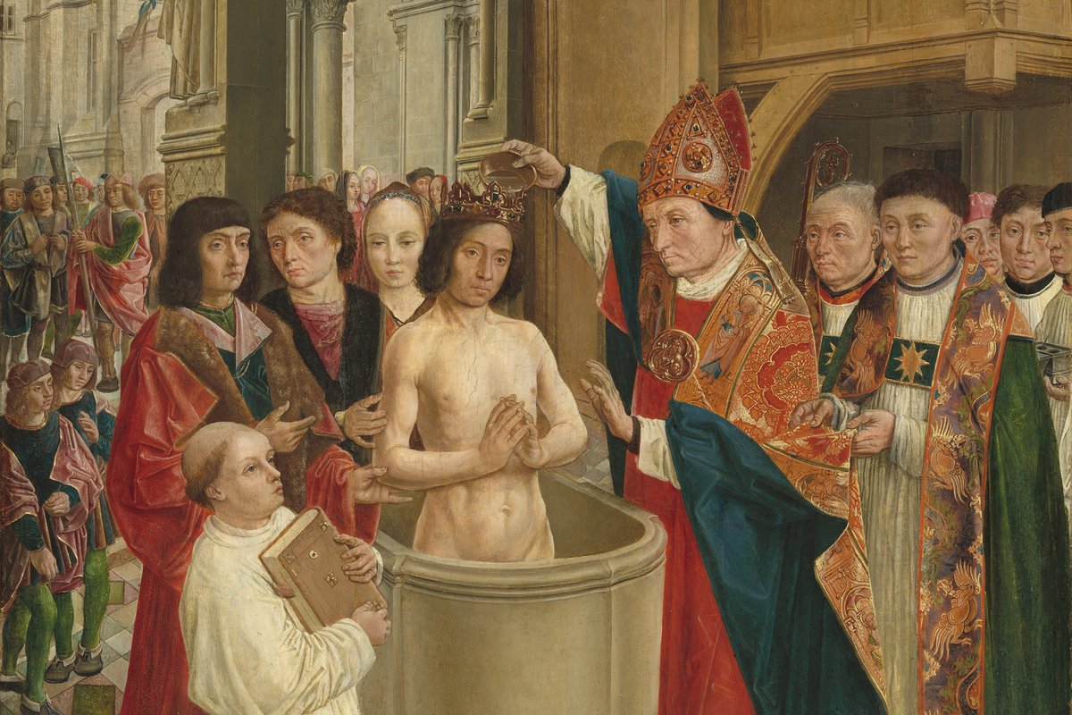 A bishop in ornate red and gold vestments pouring holy water over the head of a crowned, kneeling king at a baptismal font, surrounded by clergy and nobles.