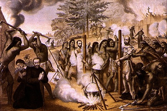 Ilustración histórica que representa a los misioneros jesuitas y compañeros laicos honrados más tarde como los Mártires Norteamericanos, entre ellos René Goupil, en el territorio misionero de Nueva Francia.