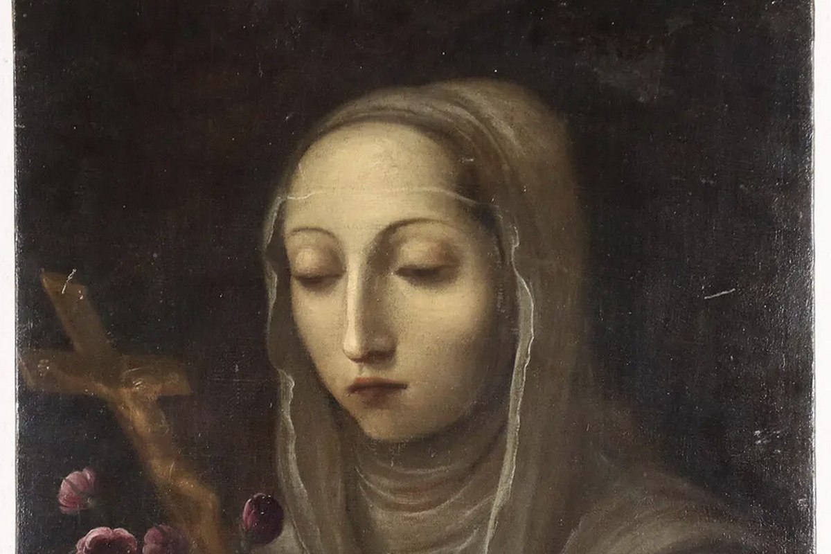 A portrait of an Augustinian nun in a dark habit, with a visible wound on her forehead, hands folded in prayer.