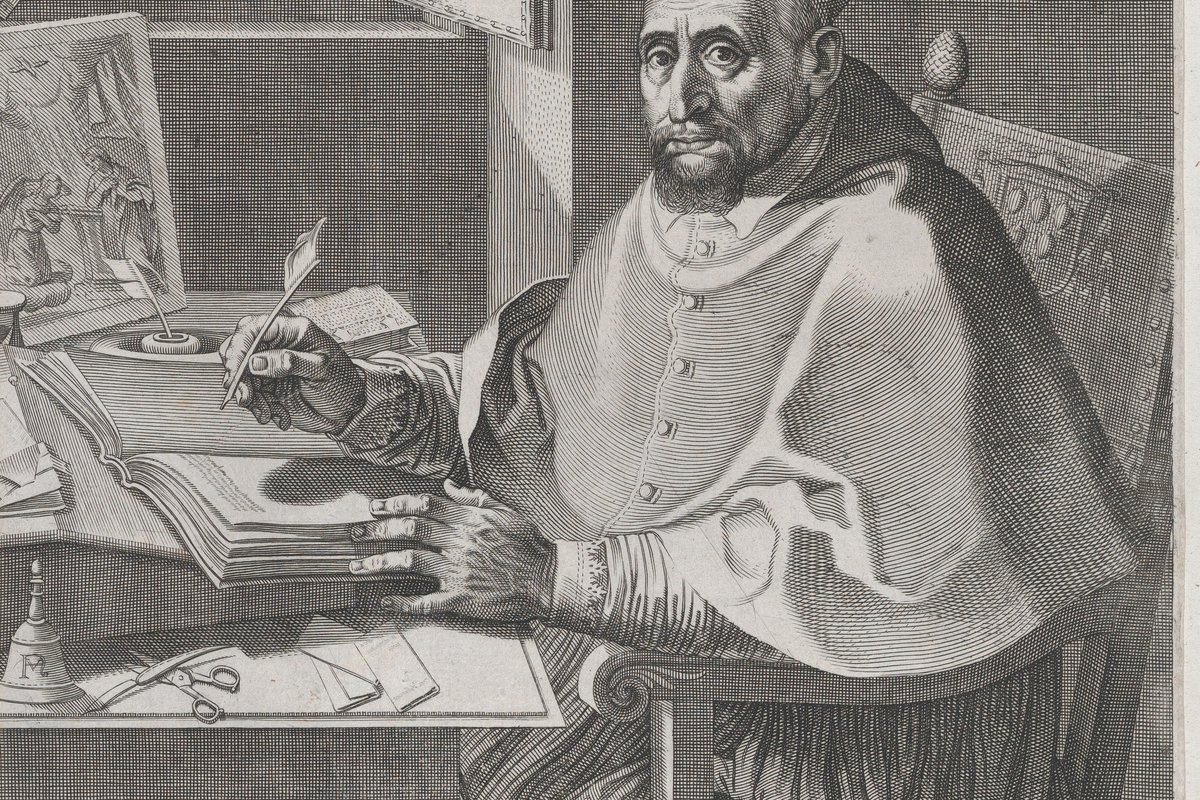 A detailed 1604 engraving of Cardinal Roberto Bellarmino seated at his writing desk with a quill, surrounded by books, a portrait, and a view of Rome.
