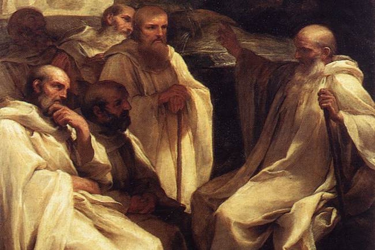 A Baroque painting of Saint Romuald, shown seated at right in a white monastic habit, addressing a gathered group of fellow hermit monks.