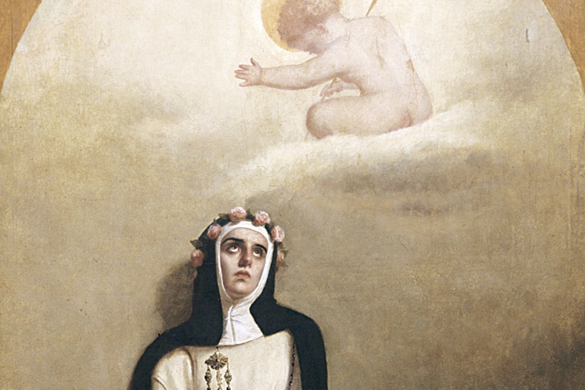 A portrait of a young woman in a simple religious habit crowned with roses, holding the infant Christ.