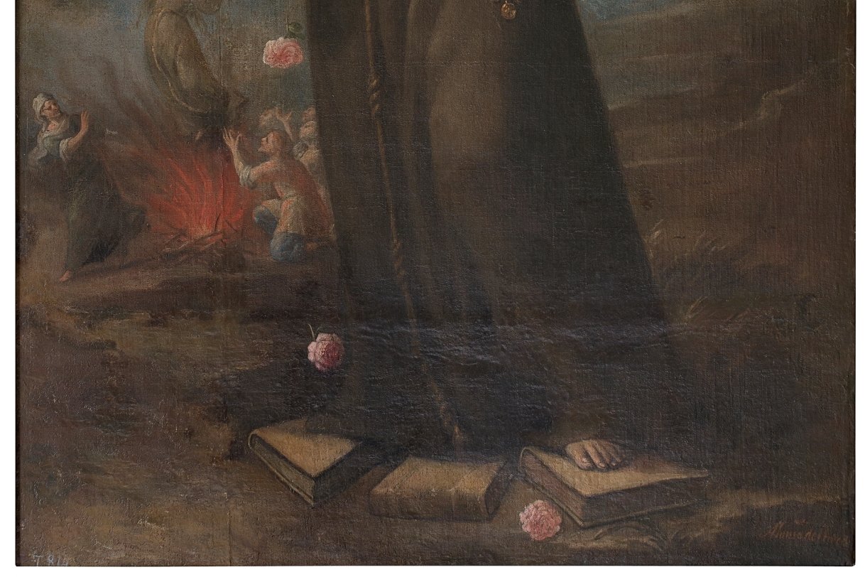 A 17th-century oil painting of a young woman in a brown Franciscan tertiary habit, holding a crucifix and flowers, with a halo.