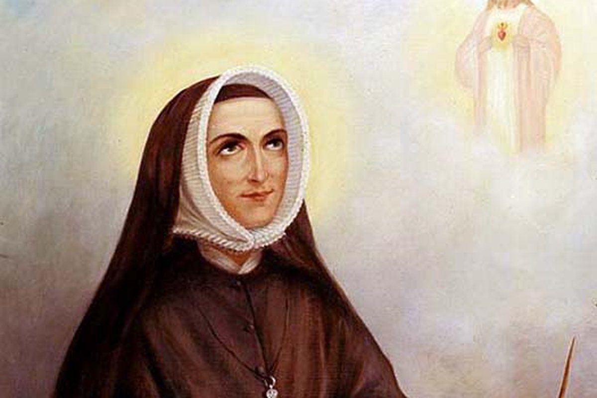 A painted portrait of a nun in a dark habit and white bonnet, hands folded in prayer over a map of North America, with a luminous vision of Christ appearing above her.