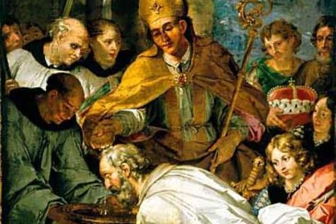 A baroque painting of a bishop in vestments baptizing a kneeling duke before an assembled court.