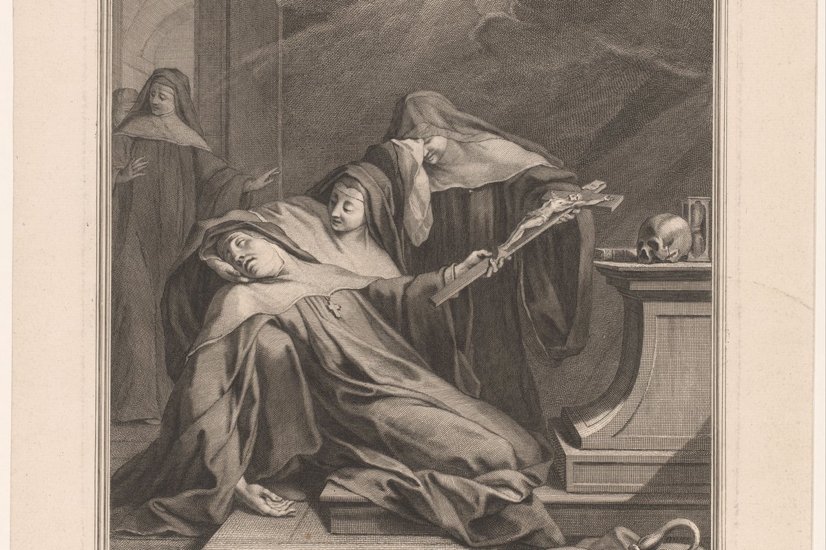 An 18th-century engraving showing a dying nun lying on the ground supported by a fellow sister holding a crucifix, while another nun approaches through a doorway, with a skull and hourglass resting on a pedestal nearby.