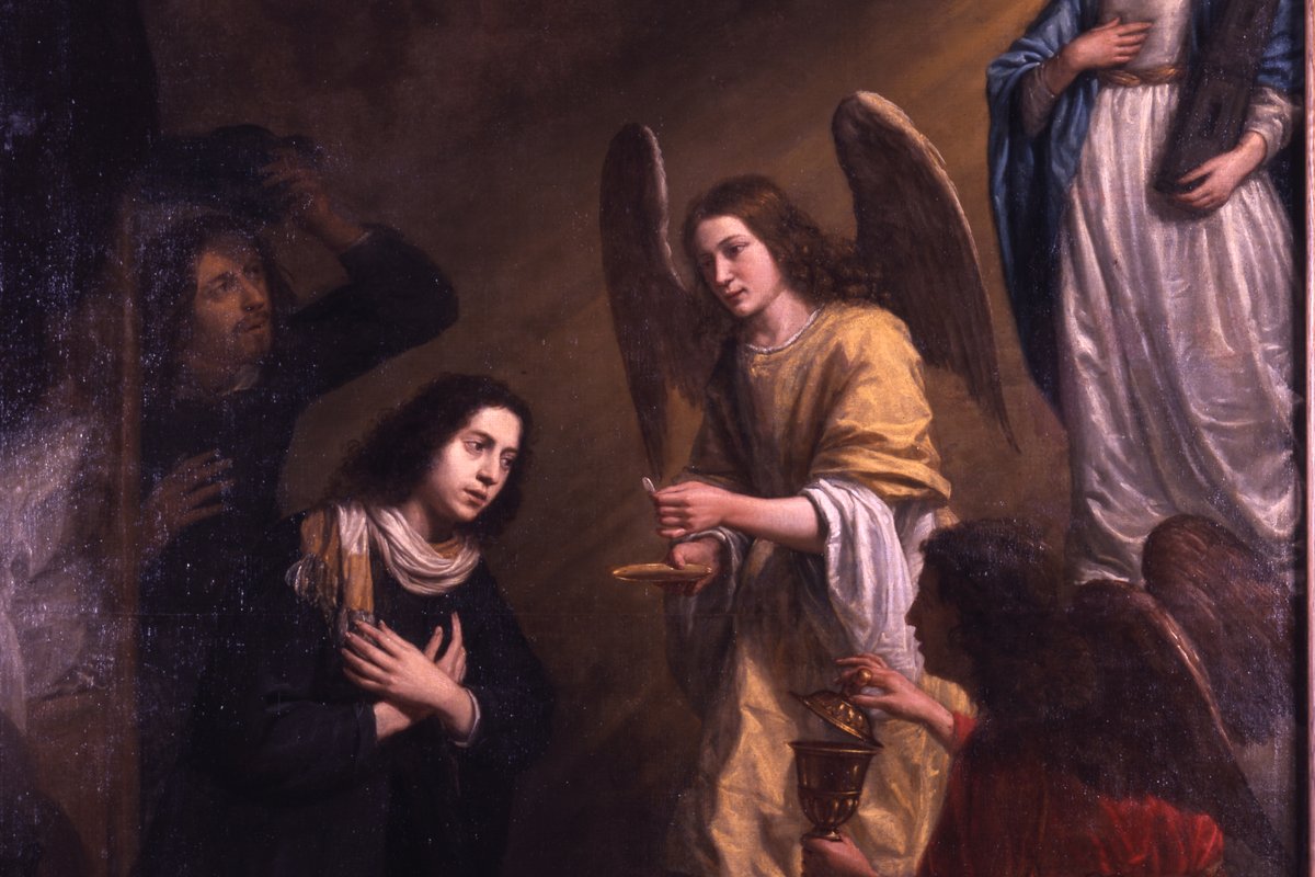A Baroque painting of the young Jesuit novice Saint Stanislaus Kostka, dressed in a dark cassock, kneeling with hands crossed at his chest as an angel offers him Holy Communion.