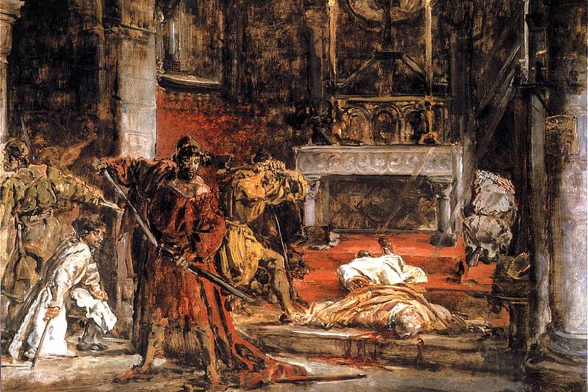 A dramatic 19th-century painting of armed soldiers and a king standing over a fallen bishop's body near a church altar.