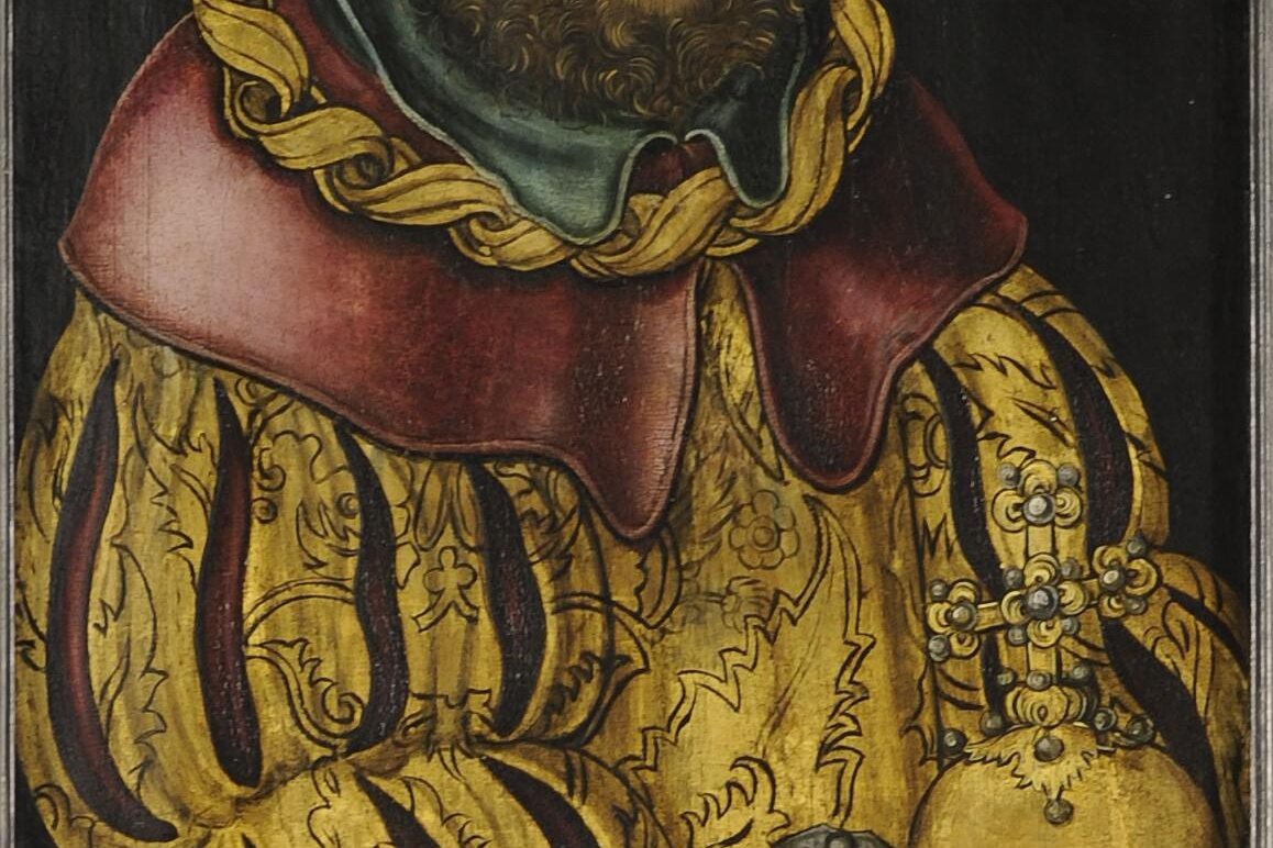 Saint Stephen, King of Hungary, portrait by Lucas Cranach the Elder, holding a lance and orb, wearing royal robes and crown