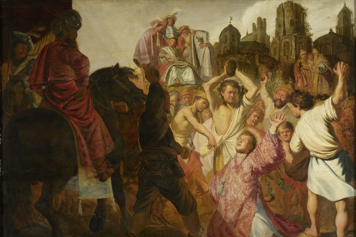 Ein dicht gedrängtes barockes Gemälde, das eine Gruppe von Männern zeigt, die Steine auf eine kniende Gestalt werfen, während ein Reiter zu Pferd zusieht.