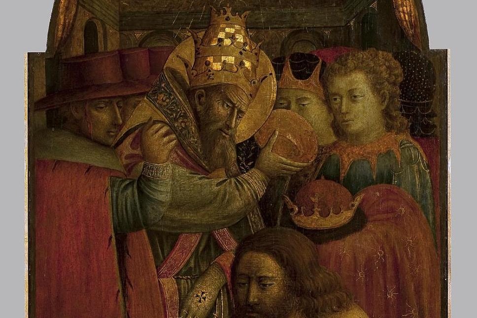 A medieval panel painting of Pope Sylvester I, wearing the papal tiara, baptizing the kneeling Roman Emperor Constantine.