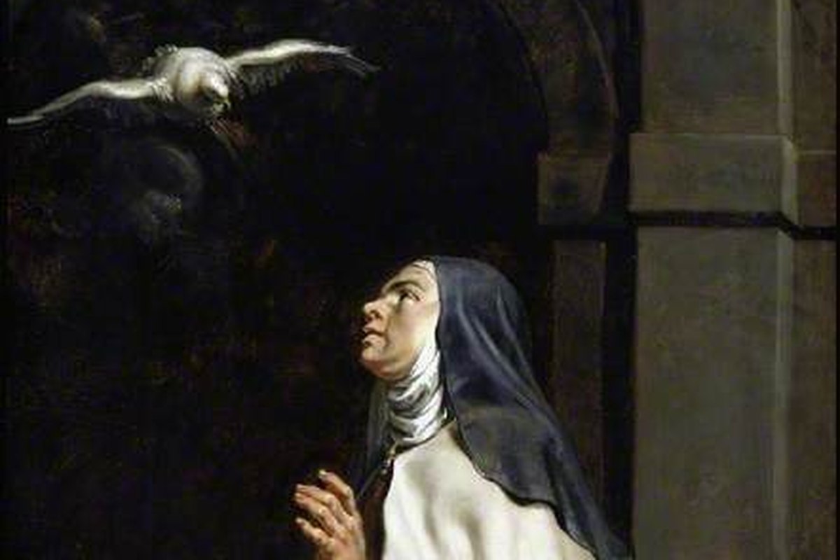 Une peinture faiblement éclairée d'une religieuse en voile sombre, le regard levé vers une colombe blanche descendant d'en haut.
