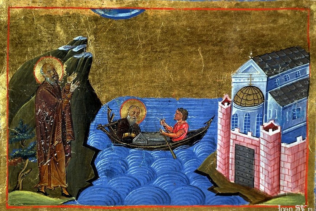 An 11th-century Byzantine manuscript miniature showing a haloed monk in a boat being rowed toward a walled monastery, with another haloed figure standing on a rocky shore nearby.