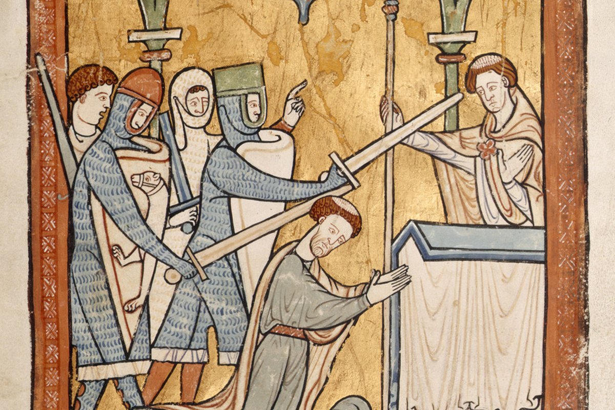 A medieval illuminated manuscript depiction of the murder of Archbishop Thomas Becket, showing four armed knights attacking him with swords before the altar of Canterbury Cathedral.