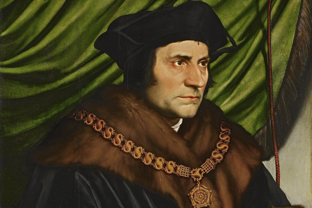 A detailed portrait of a man in a black cap and fur-trimmed robe, wearing an ornate gold chain of office, gazing thoughtfully to the side.