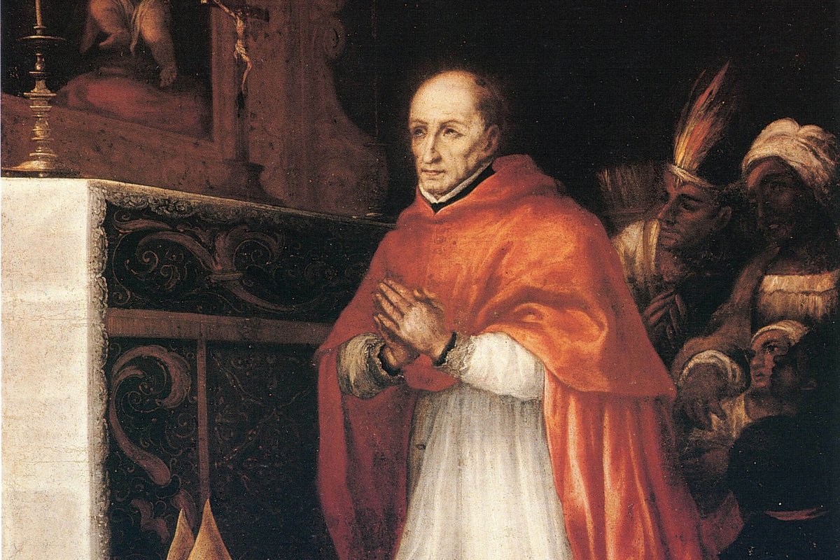 A 17th-century oil painting of a kneeling archbishop in a red cape and white vestments, praying before an altar, with a group of indigenous Andean figures standing behind him.