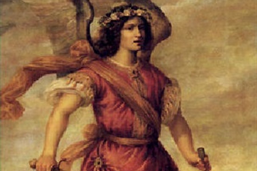 Pintura colonial española del siglo XVII del Arcángel Uriel vestido de soldado, sosteniendo una espada y una corona de flores.
