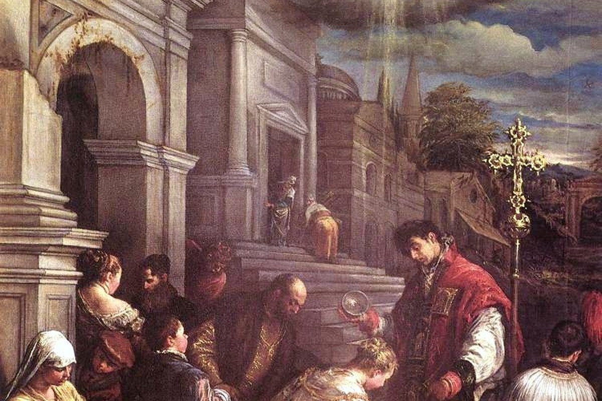 A portrait of a Roman-era priest in simple robes, holding a small cross, with a solemn, dignified expression.