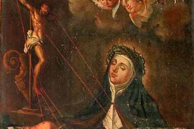 Pintura devocional de Verónica Giuliani con hábito marrón capuchino, los ojos alzados en oración, las manos mostrando las marcas de los estigmas.