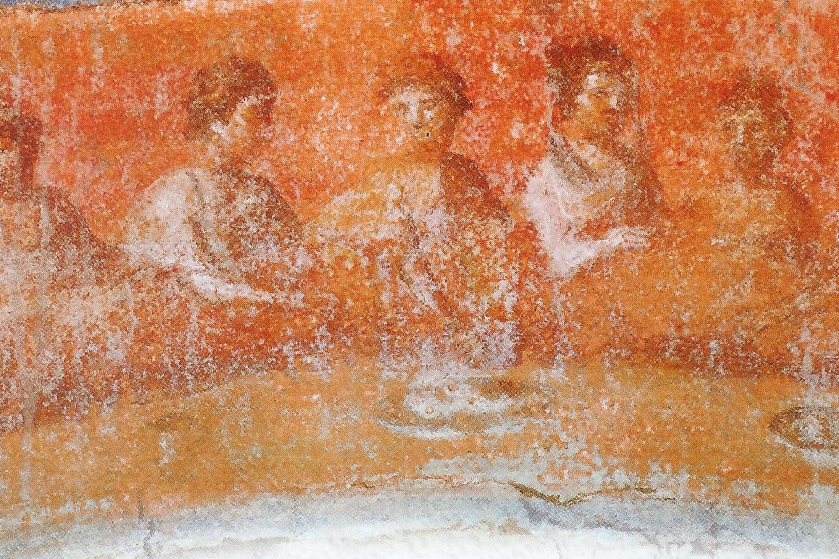 An ancient Roman catacomb fresco of early Christians gathered together at a shared table, evoking the Sunday Eucharistic assembly the Martyrs of Abitina died defending.