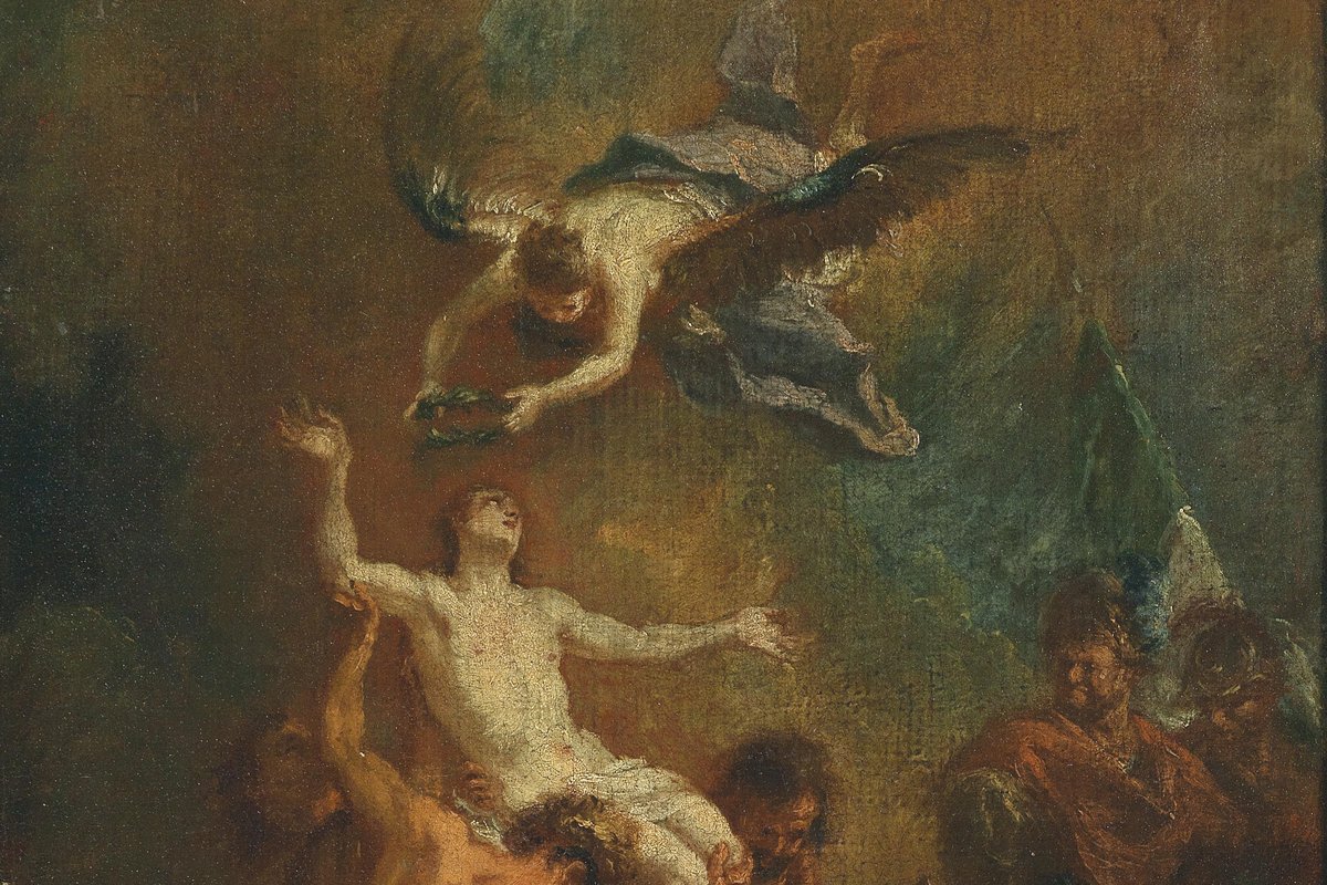 A Baroque painting of the martyr Saint Vitus rising from a cauldron with arms outstretched, as an angel descends bearing a martyr's crown before watching Roman soldiers.