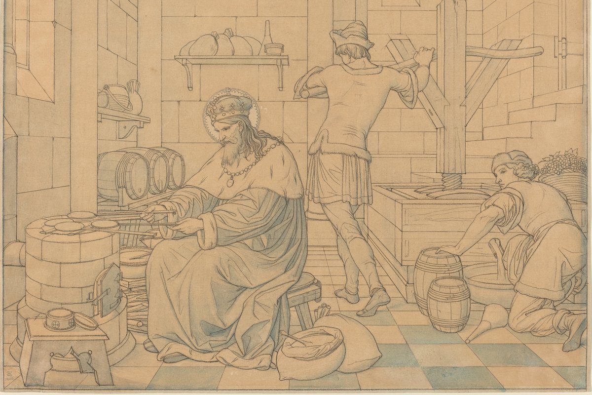 A pencil and wash drawing of a crowned, haloed Duke Wenceslaus seated at a small oven, personally baking communion bread with tongs, while two attendants press wine in the background.