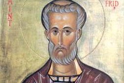 An icon of a bearded bishop-saint with a halo, holding vestments in gold, red, and ochre tones.