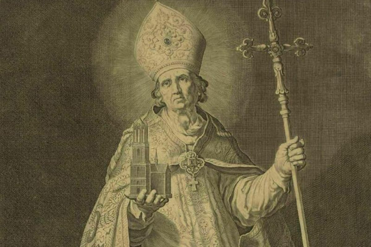 An engraving of a haloed bishop in ornate vestments and a jeweled mitre, holding a crosier in one hand and a small model of a church tower in the other.