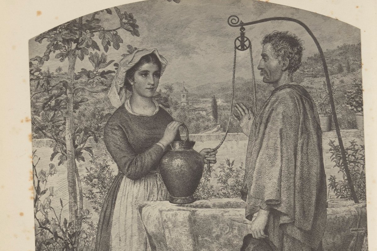 A 19th-century engraving depicting a young woman with a water jug at a well, speaking with an elderly beggar leaning on a staff, a Tuscan hill town visible in the background.