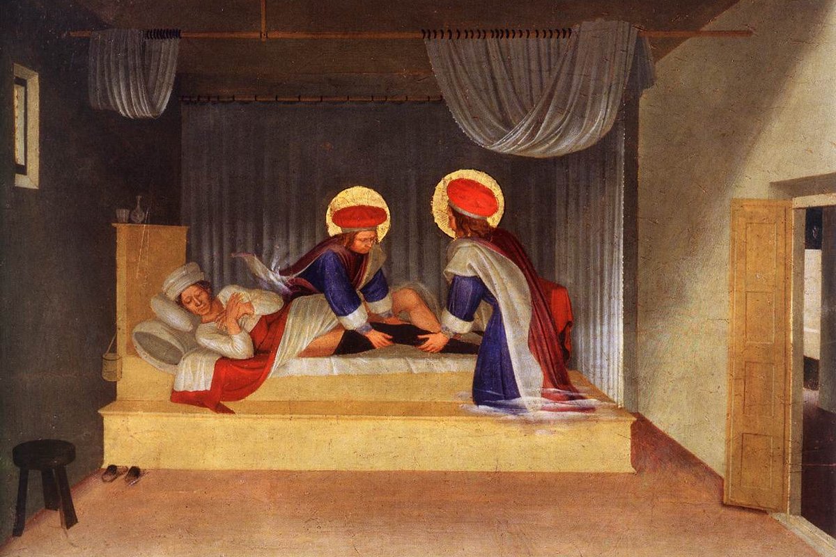A Renaissance panel painting of two haloed physician-saints in red hats kneeling beside a sleeping patient in bed, one of them touching his leg during a healing miracle.