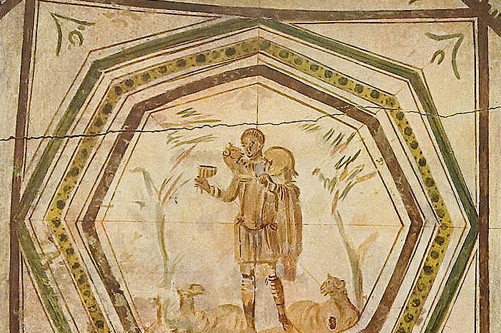 An early Christian catacomb fresco showing a baptism scene framed by an octagonal painted border, from the Catacombs of Saints Marcellinus and Peter in Rome.