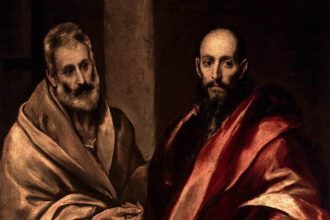 A dramatic portrait painting of the apostles Saint Peter, with a short white beard, and Saint Paul, bald with a long dark beard and a red cloak, standing side by side.